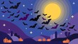 © mamaslian - Alegria style Halloween vector illustration of flying bat silhouettes in solid black and purple around a large yellow moon with faceless pumpkins on a stylized horizon isolated on white.