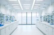 © antonio - Empty modern laboratory interior with white benches, equipment and large window