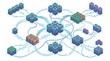 © muawiya - Isometric server rack network infrastructure interconnected with glowing digital data cables illustrated on white background