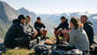 © AnastasiiaRozhmanova - Norwegian hiking group of mixed ages resting at a mountain ridge summit, sharing water and trail snacks, breathtaking valley below, athletic outdoor clothing, camaraderie,
