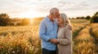 © Uniqe - Happy senior couple embracing in a field at sunset enjoying their retirement years together
