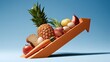 © Oleh - Food items like pineapple, bread, eggs, fruits, and vegetables ascending an orange arrow, symbolizing rising food prices, inflation, and increasing cost of living for groceries