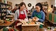 © Abzhat Zhussupov - smiling volunteers packing fresh food and whole poultry into holiday donation cardboard boxes at community food bank