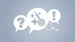 © sh99 - Concept illustration of problem solving, troubleshooting, and optimization with speech bubbles containing a question mark, magic wand, and exclamation mark on a gradient background
