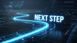 © OPP-786 - Strategic navigation follows glowing path toward next step through futuristic digital interface with luminous energy and direction