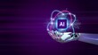 © Rajmina - Robotic hand holding a glowing AI chip with orbiting circuits against a blurred purple background