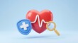 © Niam - Cardiac care and medical protection concept with a 3D heart, pulse heartbeat line, shield, and magnifying glass.