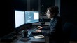 © Keenaan - Young female programmer working on software code on dual monitors at night