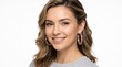 © Max_T - Portrait of a beautiful young woman with wavy brown hair smiling at the camera, wearing colorful gemstone hoop earrings, isolated on white background