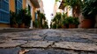 © Bussakon - A narrow cobblestone street lined with colorful buildings and potted plants under soft daylight