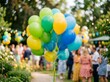 © MdIskandar - Bright colorful balloons float and drift above a blurred crowd enjoying a warm summer day celebration outdoors
