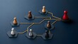 © Andi - Red pawn leading wooden figures on connected hexagonal glass network representing business strategy and leadership hierarchy