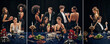 © master1305 - Elegant guests gather around candlelit table in luxury party collage. Concept of fashion editorials, nightlife, premium drinks, jewelry and event promotion.