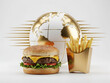 © ISRAT - Burger and fries with golden globe during global food celebration concept with studio lighting