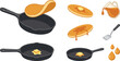 © MdJaynal - Pancake cooking vector icons set featuring cast iron frying pans flipping flapjack maple syrup pitcher and spatula.
