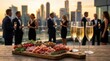 © Thongphun - People gathering on a city rooftop for sunset aperitivo with champagne and charcuterie.