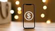 © A2Z AI  - Smartphone display dollar symbol icon with bokeh light background for mobile banking financial concept digital payment transaction device