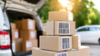 © A2Z AI  - Delivery boxes with barcode stacked on car trunk, parcel service, e-commerce, courier service, fast shipping, package delivery concept