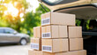 © A2Z AI  - Stack of cardboard delivery boxes with barcodes loaded in the open trunk of a car ready for shipping and transport service outdoors