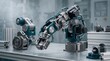 © DECOVARA - Industrial robotic arm assembly with precision gears, servo motors, and mechanical components on a metal workbench in an automated factory or engineering laboratory environment.