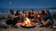 © Hanabi - Diverse friends toasting with drinks by a beach bonfire at night