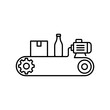© Ngadmi - Outline icon shows products moving along a conveyor belt system. A box and bottle are transported by the automated machinery.