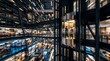 © BlackBridge Media - Modern Glass Elevator Moving in Futuristic Multi Level Architecture