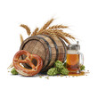 © DEEPAK - Oktoberfest still life with rustic wooden beer barrel, salted pretzel, fresh hop cones, wheat, and foamy beer stein