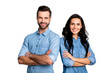 © deagreez - Portrait of charming charismatic freelancers entrepreneurs ready to solve business work problems take decisions. Wearing blue denim jackets isolated on ashy-gray background