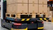 © Netsai - An autonomous mobile robot carrying a pallet loaded with stacked cardboard boxes in a warehouse.