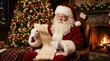 © Masque - Santa Claus reading a handwritten Christmas list by a glowing fireplace