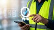 © Masque - Construction worker selecting certified digital documents for compliance inspection.