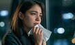 © jhx studio - Sad woman hold tissue near rainy window, lonely sorrow emotion portrait