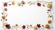 © Md - A delicate autumn frame made of thin tree branches, small white pumpkins, colorful maple leaves, acorns, and wheat stalks on white background