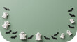 © SC0RP10N - Cute 3D Halloween ghosts and black bats border frame with copy space on sage green background isolated on transparent background