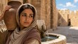 © xuxu - Young woman carrying water jar on head through ancient middle eastern banner format