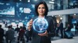© liam turner - Business leader presents glowing holographic globe, symbolizing global technology, innovation, and collaboration; blurred audience backdrop evokes unity, progress, and modern professional connectivity