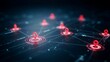 © Tanver - Title: Network Pins Display a Connected Digital Map with Glowing Red Markers. Abstract Technology Concept with Data Points and Lines.