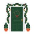 © Lif - Vector illustration of green front door with christmas wreath garland lights bows and lanterns