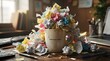 © Danawan Purbanggoro - A ceramic coffee mug labeled work mode chaos overflows with an exploding pile of colorful crumpled papers and notes on a messy office desk, representing heavy stress.