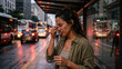 © rezaramip - Exhausted Woman Taking Off Glasses Rubbing Nose Bridge In Tiredness At Rainy Bus Station