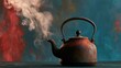© 69 - Rustic old iron kettle steaming hot with vintage design on textured surface against colorful blue and red distressed background