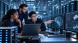 © Working Moments - Happy data center coworkers monitoring neural network AI LLM visualization on screens.