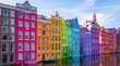 © Qreativity - Vibrant colorful historical houses reflecting in a calm canal water surface under a clear blue sky with reflection