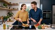 © 99Vector - Happy couple laughing while cooking healthy vegetables together in a modern kitchen