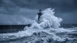 © Arif044 - Large ocean wave crashing against a stone lighthouse pier during a powerful stormy weather event with crashes with sea