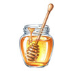 © Nurjahan - A clear glass jar filled with golden honey, with a wooden dipper inside and honey dripping from the rim to create a luxurious and natural product image.