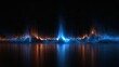 © wilson - Abstract glowing blue and orange wavy flame-like audio waveform reflected on calm dark water surface against pure black background futuristic technology sound visualization concept