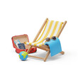 © SHAHRIYAR RASEL - 3d render of a beach chair with a suitcase, passport, plane tickets, sunglasses, and a globe, isolated on white background