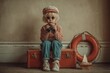 © Alexei - Child dressed in nautical-themed attire with binoculars sitting on a vintage suitcase beside a lifebuoy and a small wooden sailboat in a cozy indoor setting